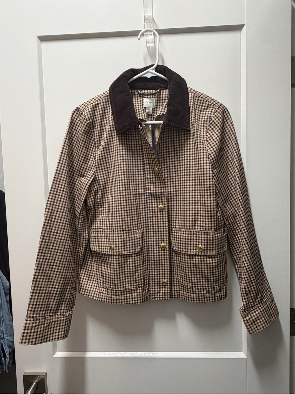 J. Crew Factory Navy/Cream/Brown Gingham Cotton Jacket with Corduroy Collar XS